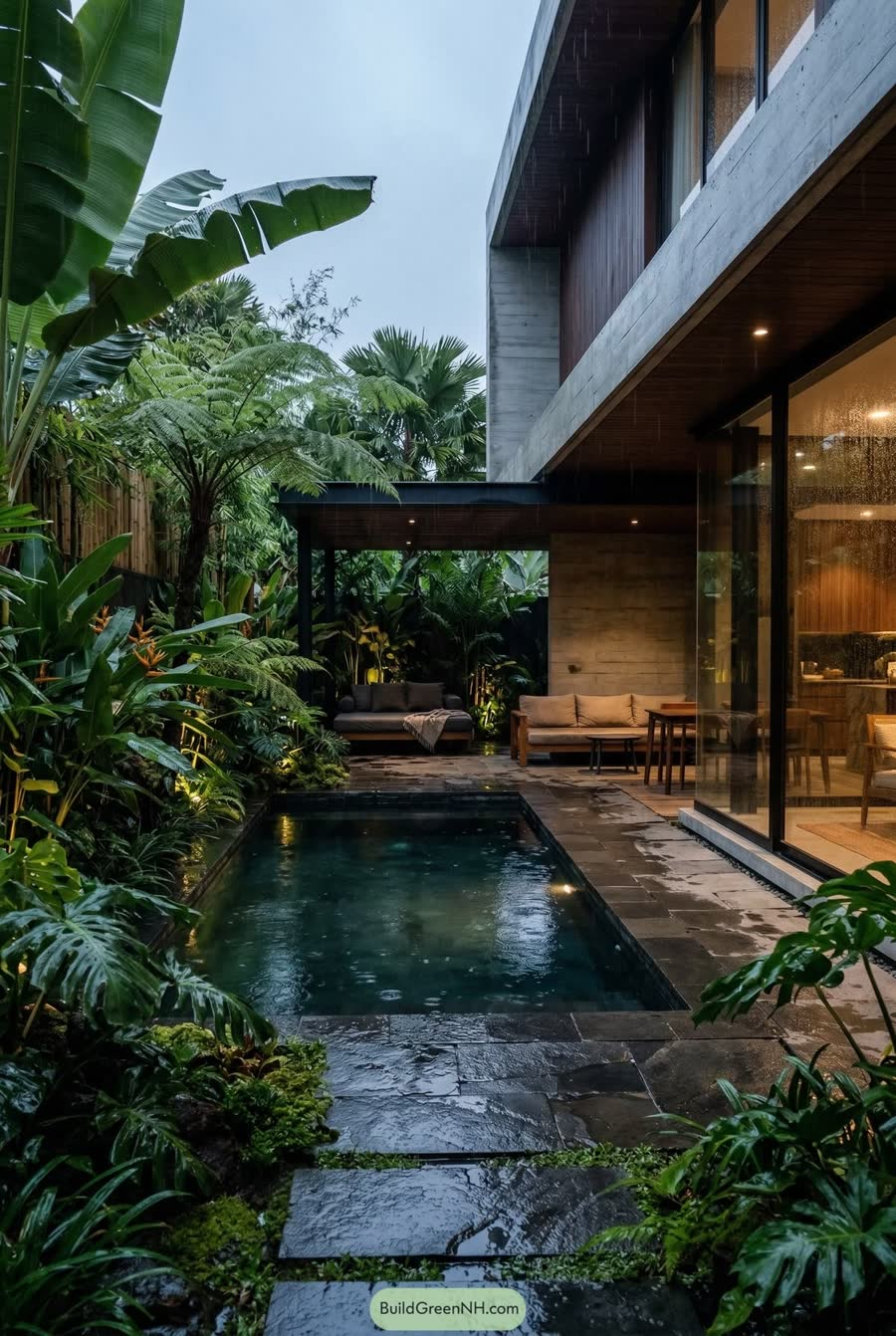 Vila modern dengan kolam renang di taman tropis