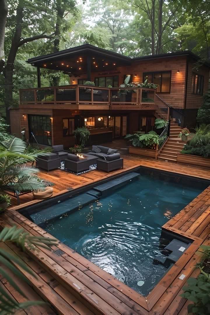 Rumah kayu dengan kolam renang saat senja