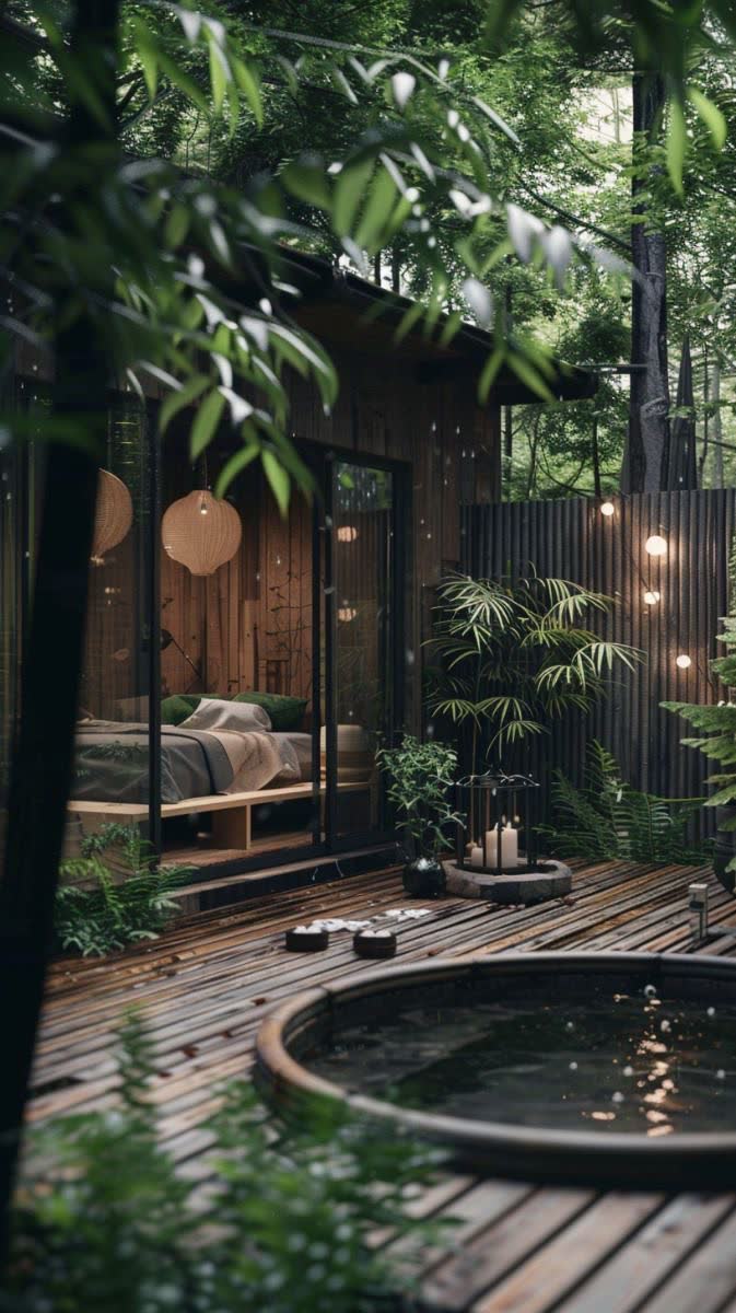 Dek dengan bak air panas bundar di samping rumah kayu gelap