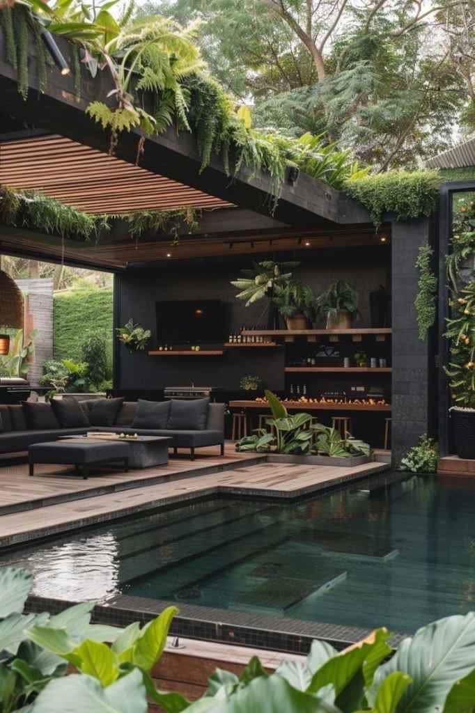Ruang santai berpergola di samping kolam renang