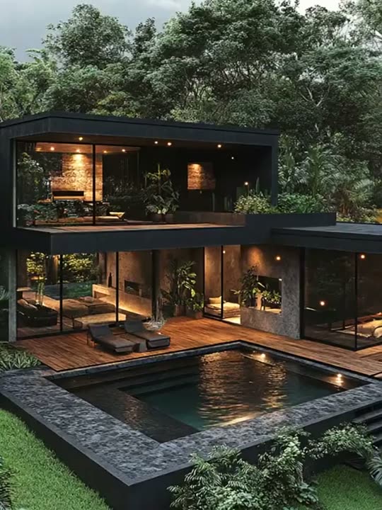 Vila dua lantai dengan kolam renang berlampu di taman