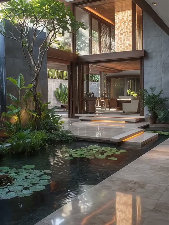 Halaman dengan kolam teratai di depan sebuah vila