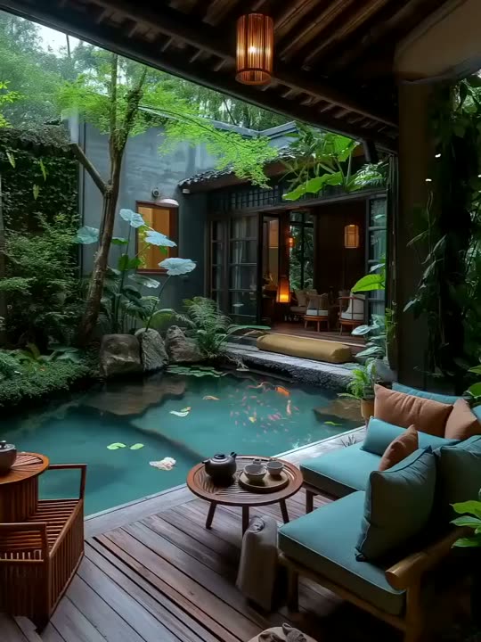 Dek beratap dengan sofa di samping kolam renang