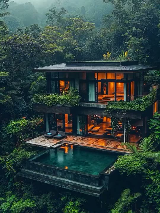 Vila di tengah hutan saat senja, jendelanya bercahaya