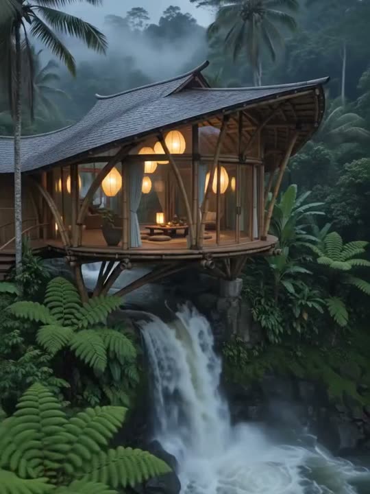 Rumah bambu di atas air terjun di hutan hujan