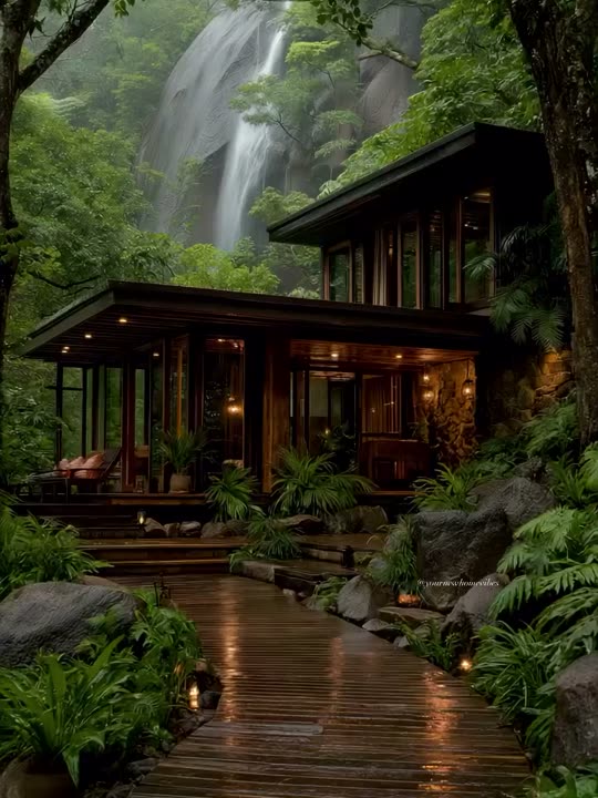 Rumah kayu dengan jalan papan di bawah air terjun