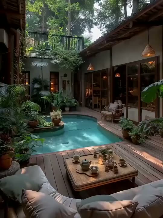 Halaman dengan kolam renang dan dek santai saat senja